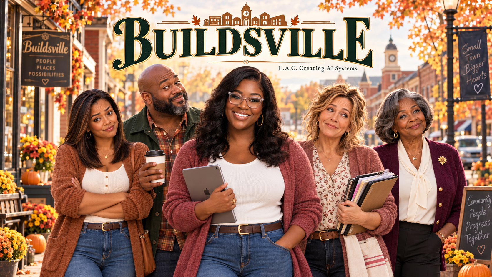 Tasha, Marcus, Miss Jones, Elena and Miss Evelyn on Buildsville's Main Street
